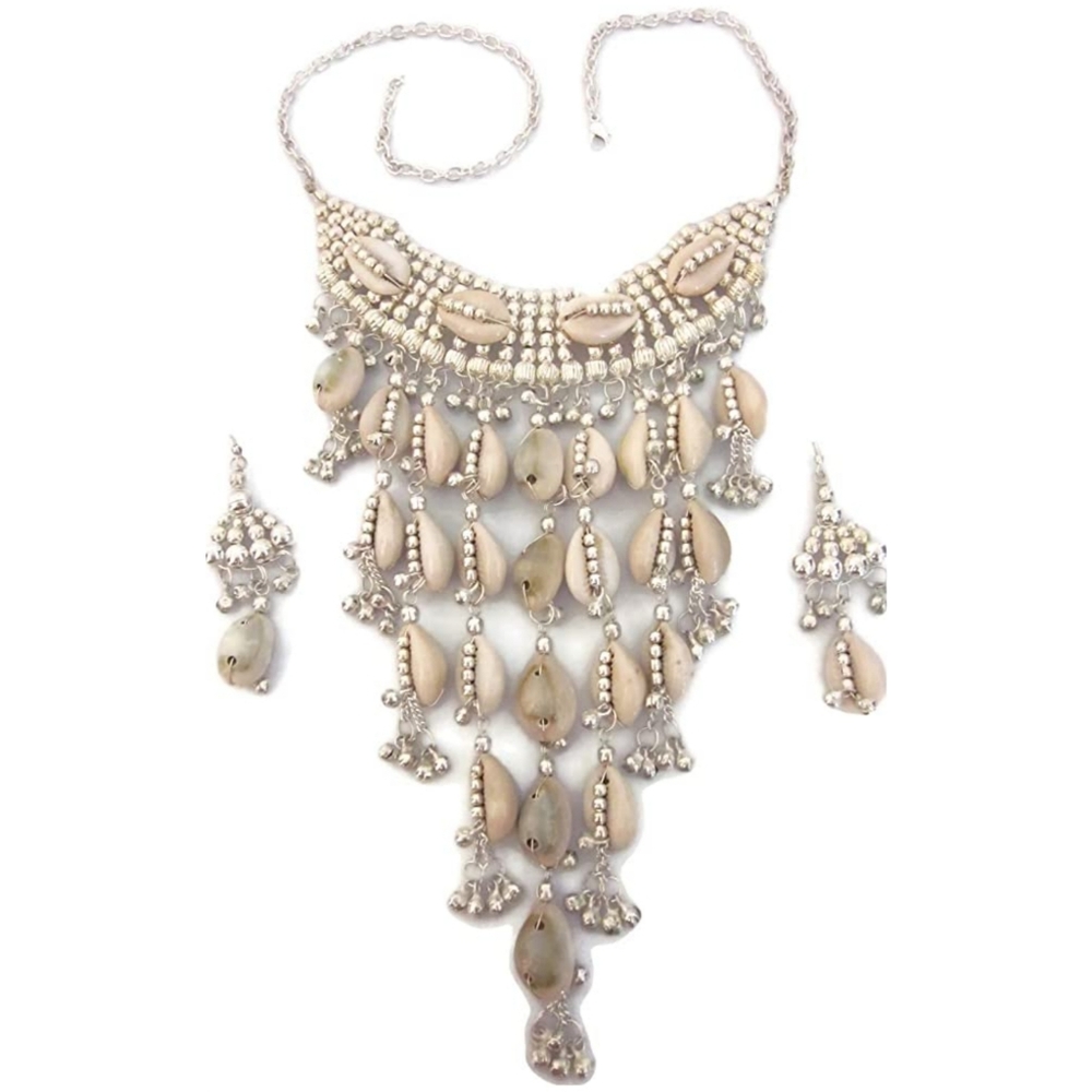 Women's Necklace and earrings set cowrie sea shells brass beads bells boho gypsy